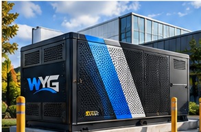 Modern blue graphic wrap shown on a commercial generator