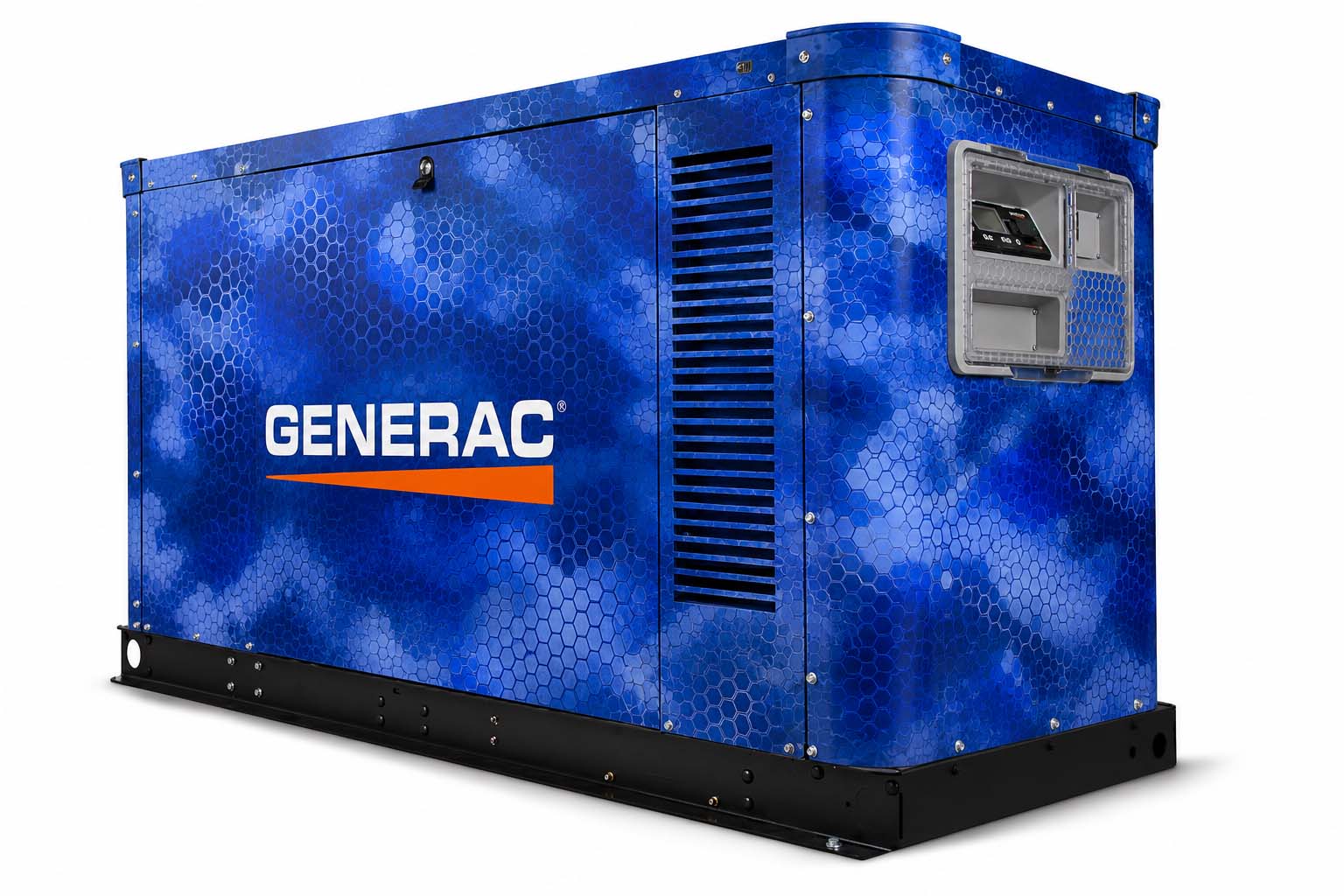 Bright blue geometric wrap on a stationary commercial generator rendered concept