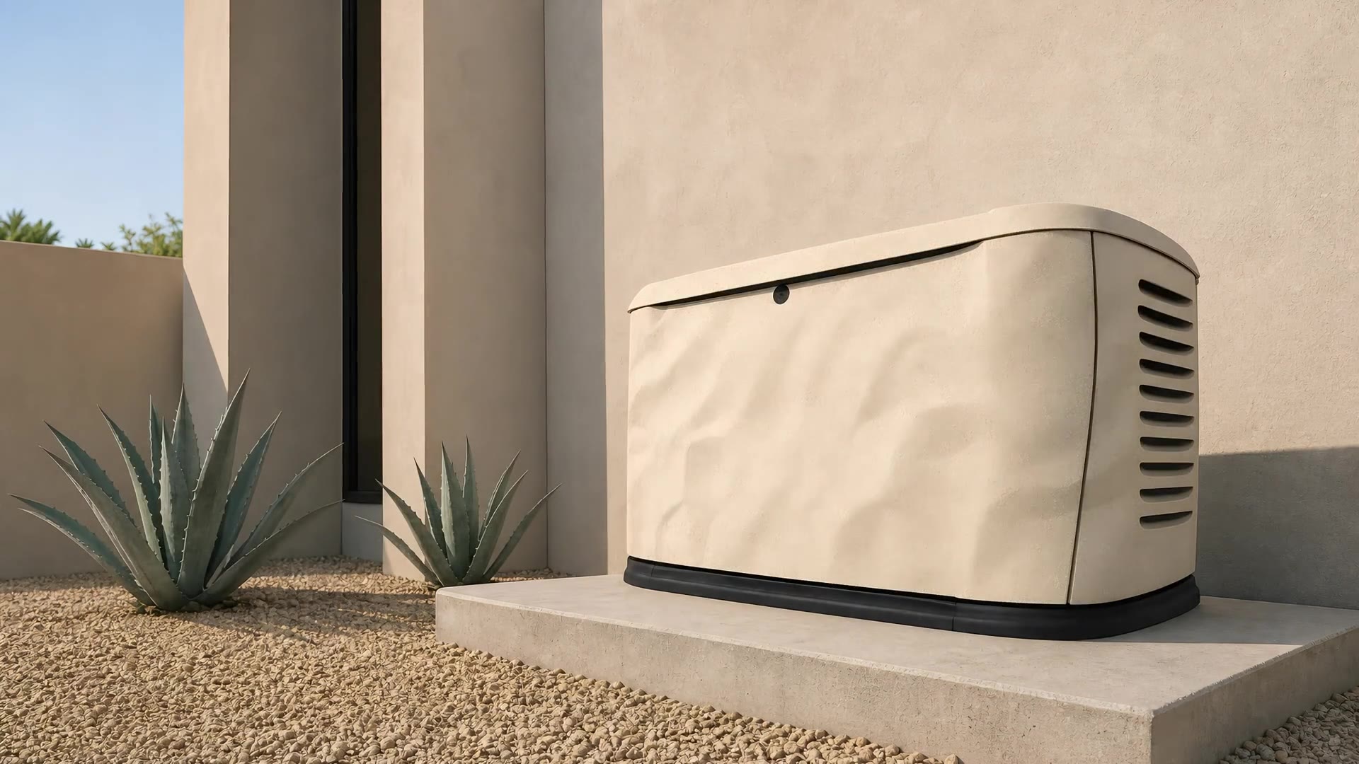 AI-assisted concept showing a residential generator changing to a pale sand-texture finish.