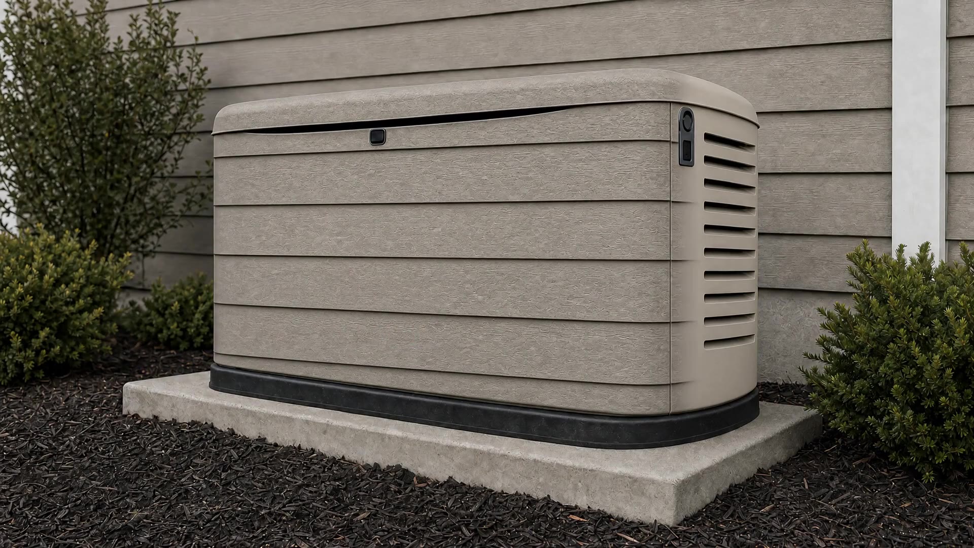 AI-assisted concept showing a residential generator changing to a printed gray siding look that coordinates with the home, then changing back.